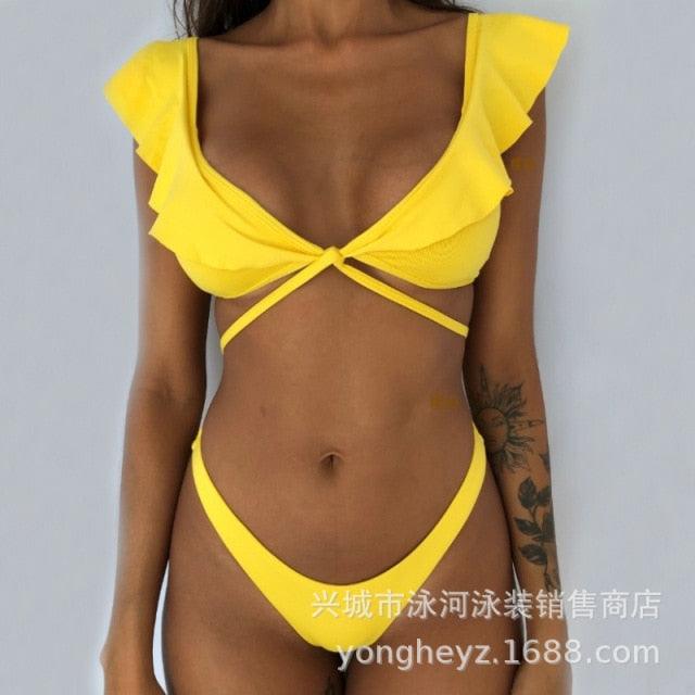 Beach Bikini Woman Lace Up Tie Strapless Leopard Swimsuit Women's Halter Bikini V Cut Bottom Lace Up Two Piece Swimsuits Female Push Up Ruffled Bow Bathing Suit Thong Swimwear