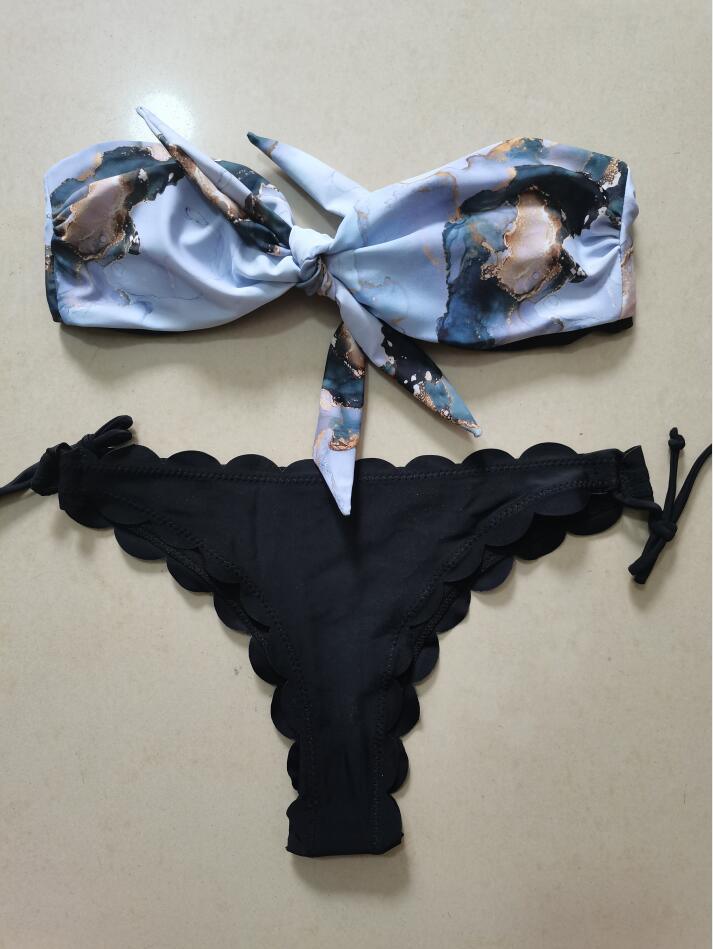 Beach Bikini Woman Lace Up Tie Strapless Leopard Swimsuit Women's Halter Bikini V Cut Bottom Lace Up Two Piece Swimsuits Female Push Up Ruffled Bow Bathing Suit Thong Swimwear