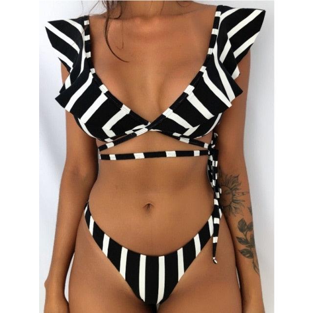Beach Bikini Woman Lace Up Tie Strapless Leopard Swimsuit Women's Halter Bikini V Cut Bottom Lace Up Two Piece Swimsuits Female Push Up Ruffled Bow Bathing Suit Thong Swimwear