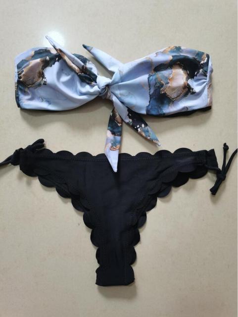 Beach Bikini Woman Lace Up Tie Strapless Leopard Swimsuit Women's Halter Bikini V Cut Bottom Lace Up Two Piece Swimsuits Female Push Up Ruffled Bow Bathing Suit Thong Swimwear