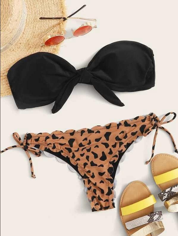 Beach Bikini Woman Lace Up Tie Strapless Leopard Swimsuit Women's Halter Bikini V Cut Bottom Lace Up Two Piece Swimsuits Female Push Up Ruffled Bow Bathing Suit Thong Swimwear