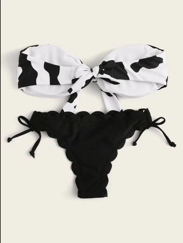 Beach Bikini Woman Lace Up Tie Strapless Leopard Swimsuit Women's Halter Bikini V Cut Bottom Lace Up Two Piece Swimsuits Female Push Up Ruffled Bow Bathing Suit Thong Swimwear