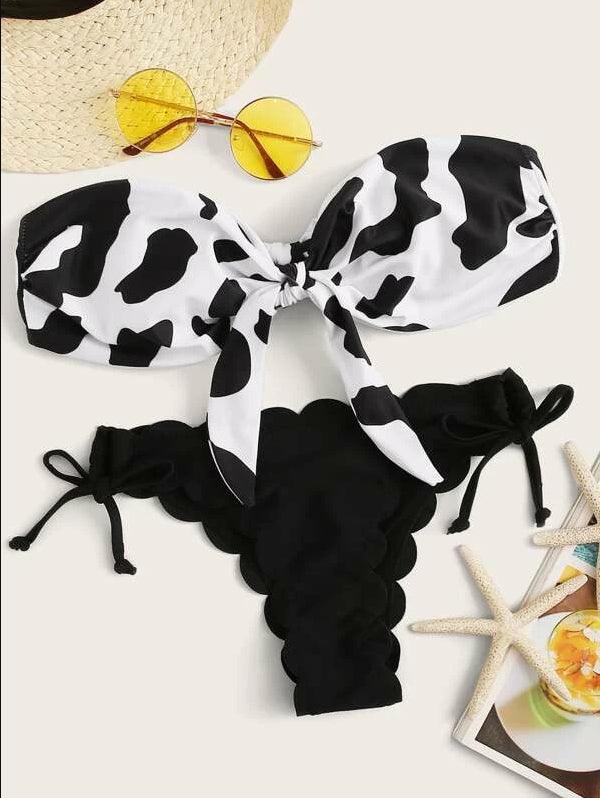 Beach Bikini Woman Lace Up Tie Strapless Leopard Swimsuit Women's Halter Bikini V Cut Bottom Lace Up Two Piece Swimsuits Female Push Up Ruffled Bow Bathing Suit Thong Swimwear