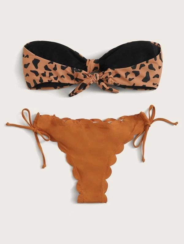 Beach Bikini Woman Lace Up Tie Strapless Leopard Swimsuit Women's Halter Bikini V Cut Bottom Lace Up Two Piece Swimsuits Female Push Up Ruffled Bow Bathing Suit Thong Swimwear