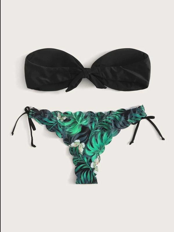 Beach Bikini Woman Lace Up Tie Strapless Leopard Swimsuit Women's Halter Bikini V Cut Bottom Lace Up Two Piece Swimsuits Female Push Up Ruffled Bow Bathing Suit Thong Swimwear