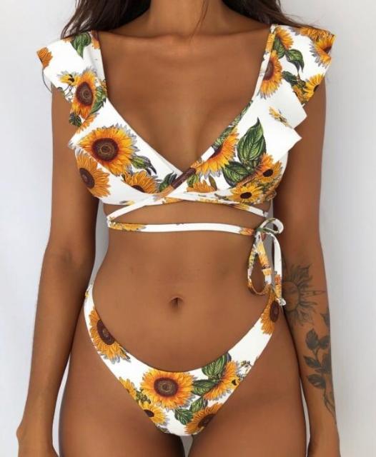 Beach Bikini Woman Lace Up Tie Strapless Leopard Swimsuit Women's Halter Bikini V Cut Bottom Lace Up Two Piece Swimsuits Female Push Up Ruffled Bow Bathing Suit Thong Swimwear