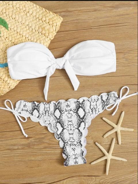 Beach Bikini Woman Lace Up Tie Strapless Leopard Swimsuit Women's Halter Bikini V Cut Bottom Lace Up Two Piece Swimsuits Female Push Up Ruffled Bow Bathing Suit Thong Swimwear