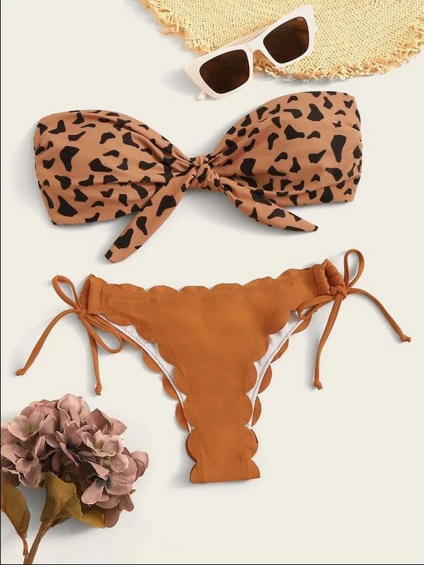 Beach Bikini Woman Lace Up Tie Strapless Leopard Swimsuit Women's Halter Bikini V Cut Bottom Lace Up Two Piece Swimsuits Female Push Up Ruffled Bow Bathing Suit Thong Swimwear