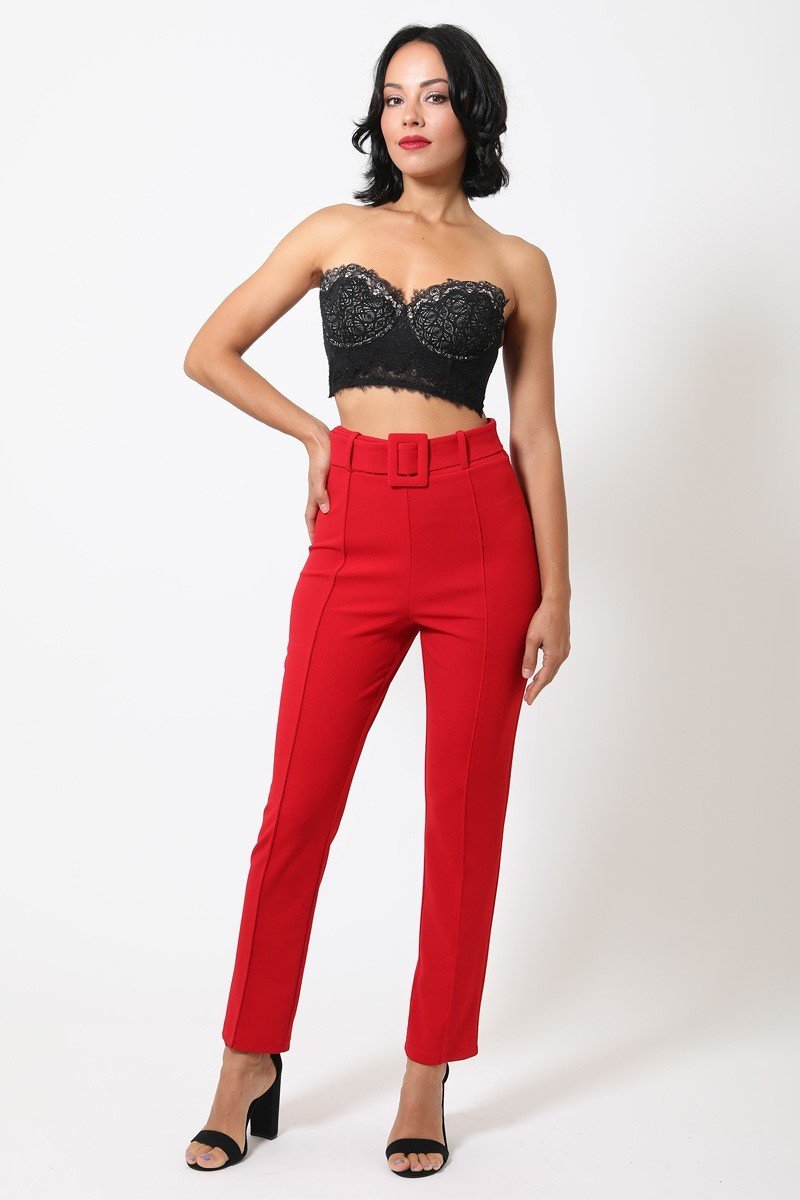 Women's Red Pants with Belt with a Buckle for Travel
