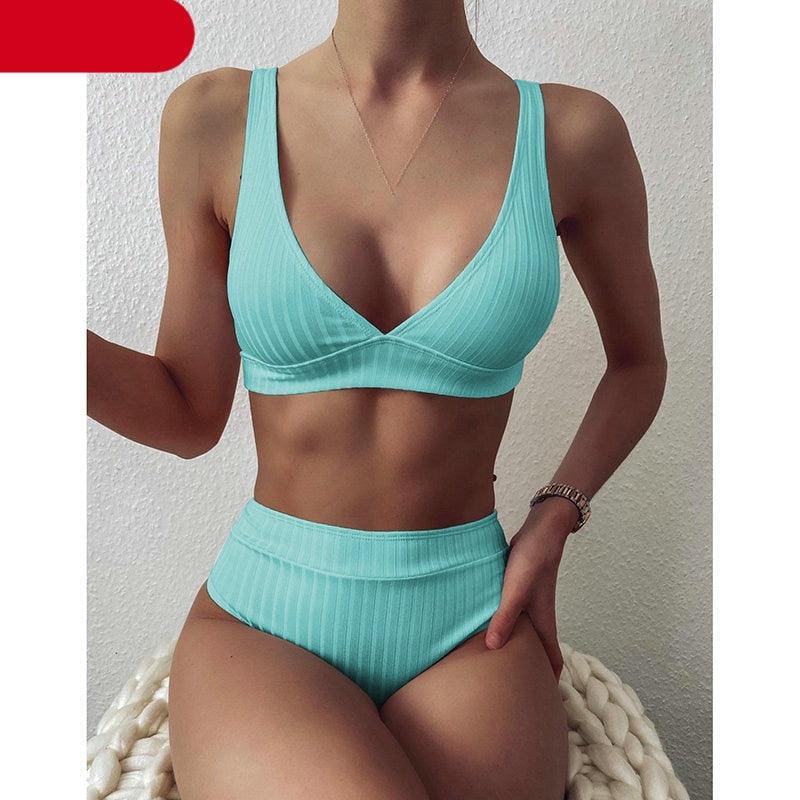 Bikini High Waist Swimwear Women's Swimsuits Push Up Ribbed Bathing Suits Black V-Neck Bikinis Set High Waist Tummy Control Bathing Suits For Women Deep V Neck Black Comfortable Beachwear