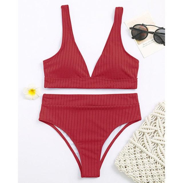 Bikini High Waist Swimwear Women's Swimsuits Push Up Ribbed Bathing Suits Black V-Neck Bikinis Set High Waist Tummy Control Bathing Suits For Women Deep V Neck Black Comfortable Beachwear