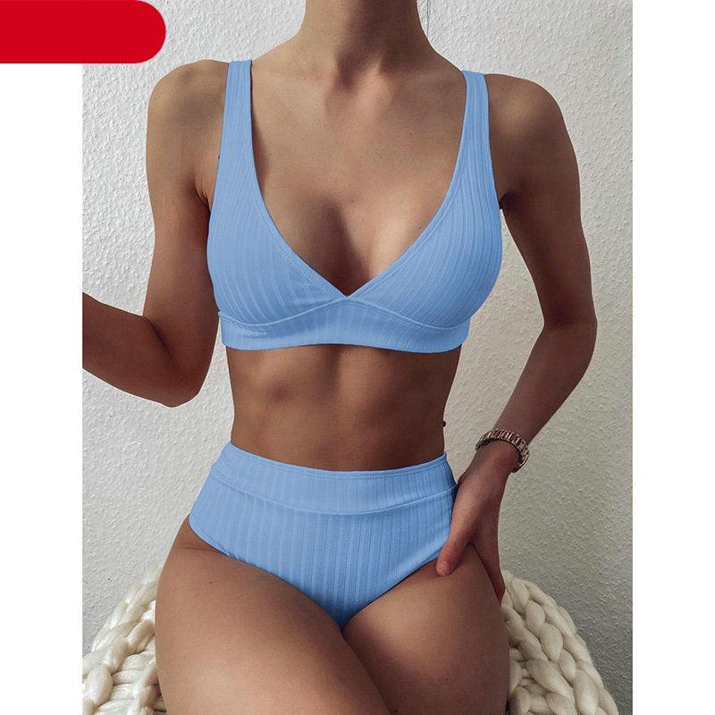 Bikini High Waist Swimwear Women's Swimsuits Push Up Ribbed Bathing Suits Black V-Neck Bikinis Set High Waist Tummy Control Bathing Suits For Women Deep V Neck Black Comfortable Beachwear