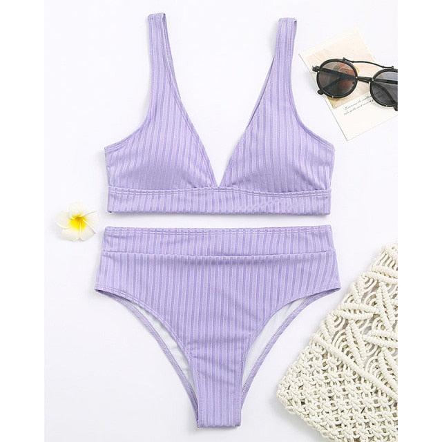 Bikini High Waist Swimwear Women's Swimsuits Push Up Ribbed Bathing Suits Black V-Neck Bikinis Set High Waist Tummy Control Bathing Suits For Women Deep V Neck Black Comfortable Beachwear