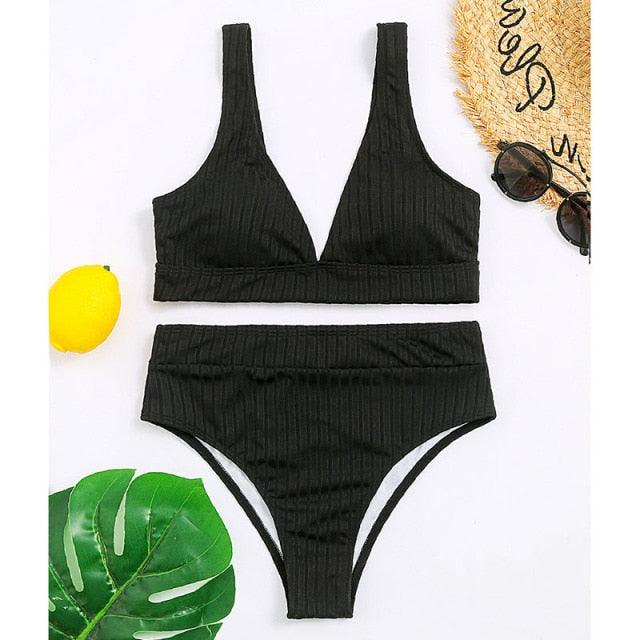 Bikini High Waist Swimwear Women's Swimsuits Push Up Ribbed Bathing Suits Black V-Neck Bikinis Set High Waist Tummy Control Bathing Suits For Women Deep V Neck Black Comfortable Beachwear