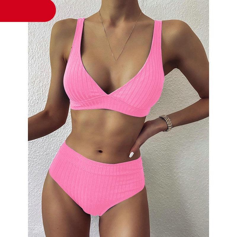 Bikini High Waist Swimwear Women's Swimsuits Push Up Ribbed Bathing Suits Black V-Neck Bikinis Set High Waist Tummy Control Bathing Suits For Women Deep V Neck Black Comfortable Beachwear