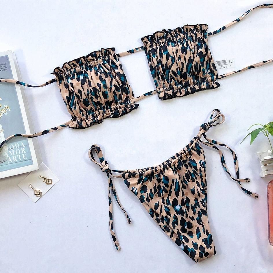Bikini Pleated Swimsuit Female Swimwear Women's Ruffle Tie Side Bikini Set High Cut Strapless Padded Solid Bathing Suit Women Mini Thong Bikini Set Bather Swimming Beachwear For Bathing Suit