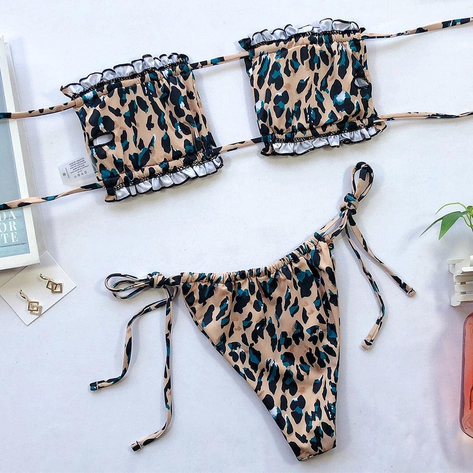 Bikini Pleated Swimsuit Female Swimwear Women's Ruffle Tie Side Bikini Set High Cut Strapless Padded Solid Bathing Suit Women Mini Thong Bikini Set Bather Swimming Beachwear For Bathing Suit