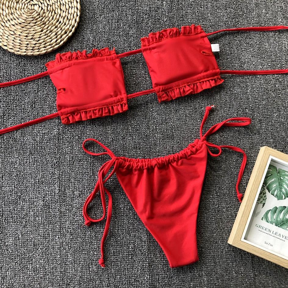 Bikini Pleated Swimsuit Female Swimwear Women's Ruffle Tie Side Bikini Set High Cut Strapless Padded Solid Bathing Suit Women Mini Thong Bikini Set Bather Swimming Beachwear For Bathing Suit