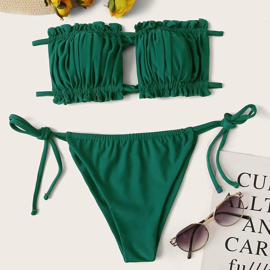 Bikini Pleated Swimsuit Female Swimwear Women's Ruffle Tie Side Bikini Set High Cut Strapless Padded Solid Bathing Suit Women Mini Thong Bikini Set Bather Swimming Beachwear For Bathing Suit
