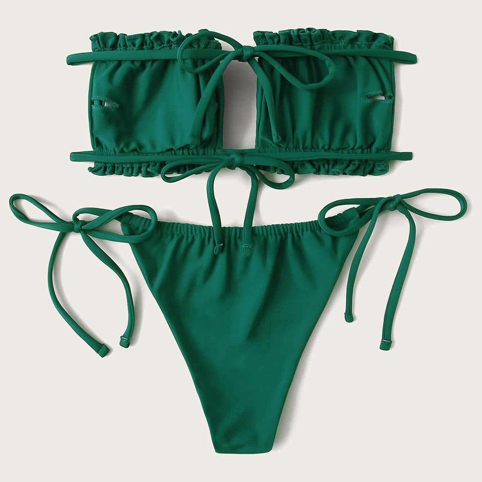 Bikini Pleated Swimsuit Female Swimwear Women's Ruffle Tie Side Bikini Set High Cut Strapless Padded Solid Bathing Suit Women Mini Thong Bikini Set Bather Swimming Beachwear For Bathing Suit