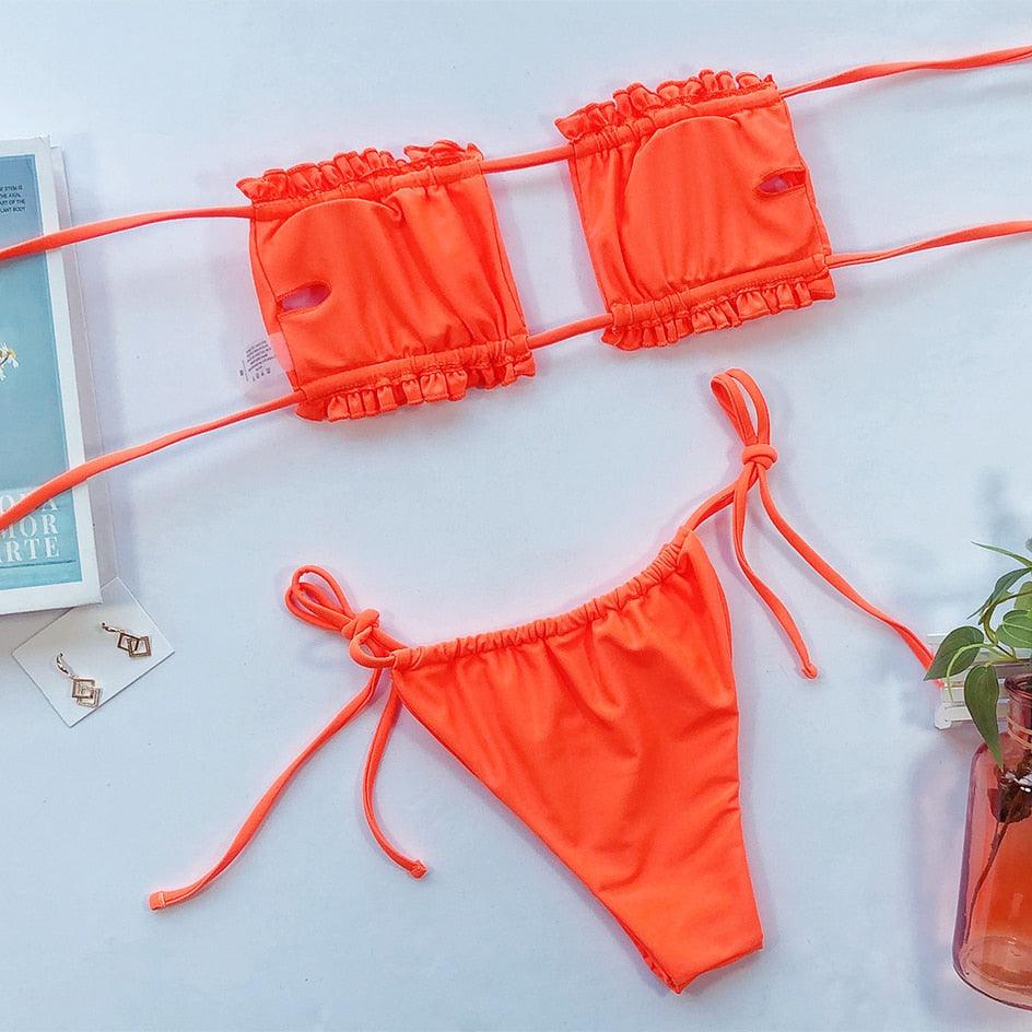 Bikini Pleated Swimsuit Female Swimwear Women's Ruffle Tie Side Bikini Set High Cut Strapless Padded Solid Bathing Suit Women Mini Thong Bikini Set Bather Swimming Beachwear For Bathing Suit