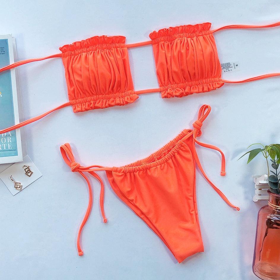 Bikini Pleated Swimsuit Female Swimwear Women's Ruffle Tie Side Bikini Set High Cut Strapless Padded Solid Bathing Suit Women Mini Thong Bikini Set Bather Swimming Beachwear For Bathing Suit