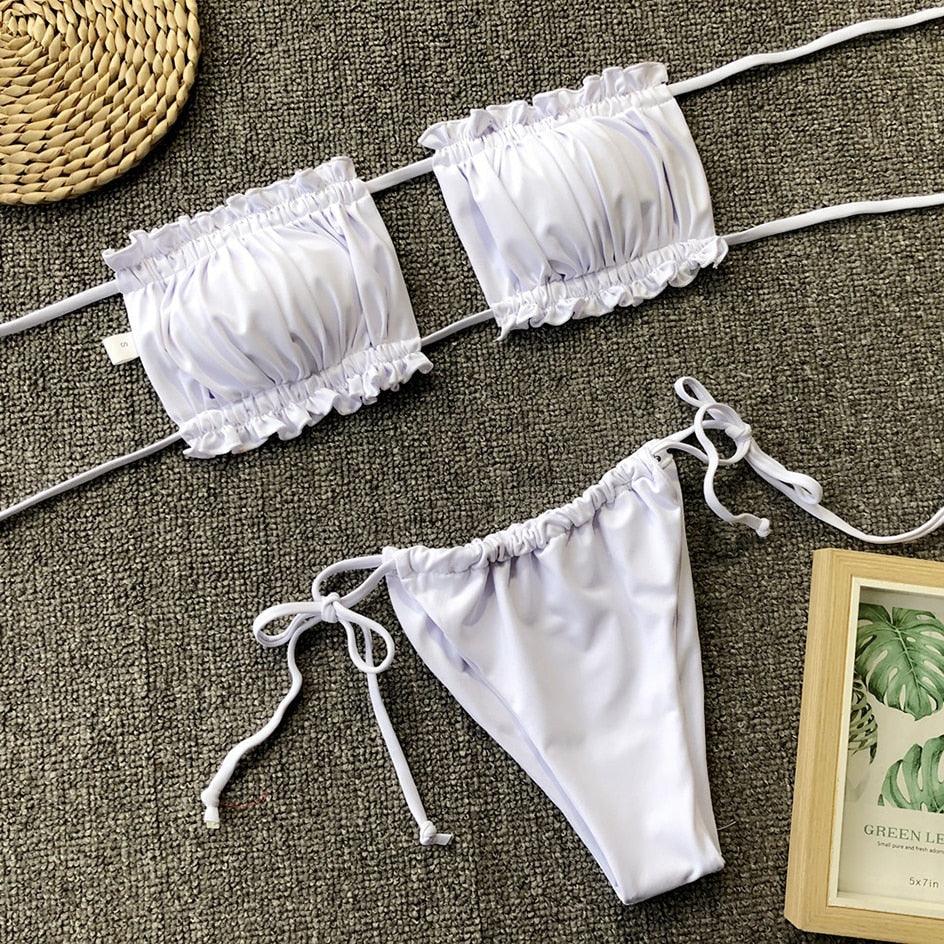 Bikini Pleated Swimsuit Female Swimwear Women's Ruffle Tie Side Bikini Set High Cut Strapless Padded Solid Bathing Suit Women Mini Thong Bikini Set Bather Swimming Beachwear For Bathing Suit