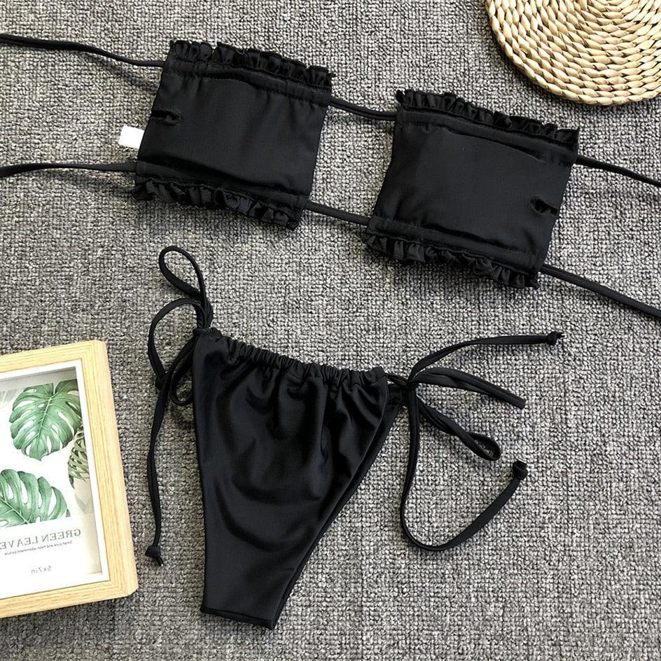 Bikini Pleated Swimsuit Female Swimwear Women's Ruffle Tie Side Bikini Set High Cut Strapless Padded Solid Bathing Suit Women Mini Thong Bikini Set Bather Swimming Beachwear For Bathing Suit