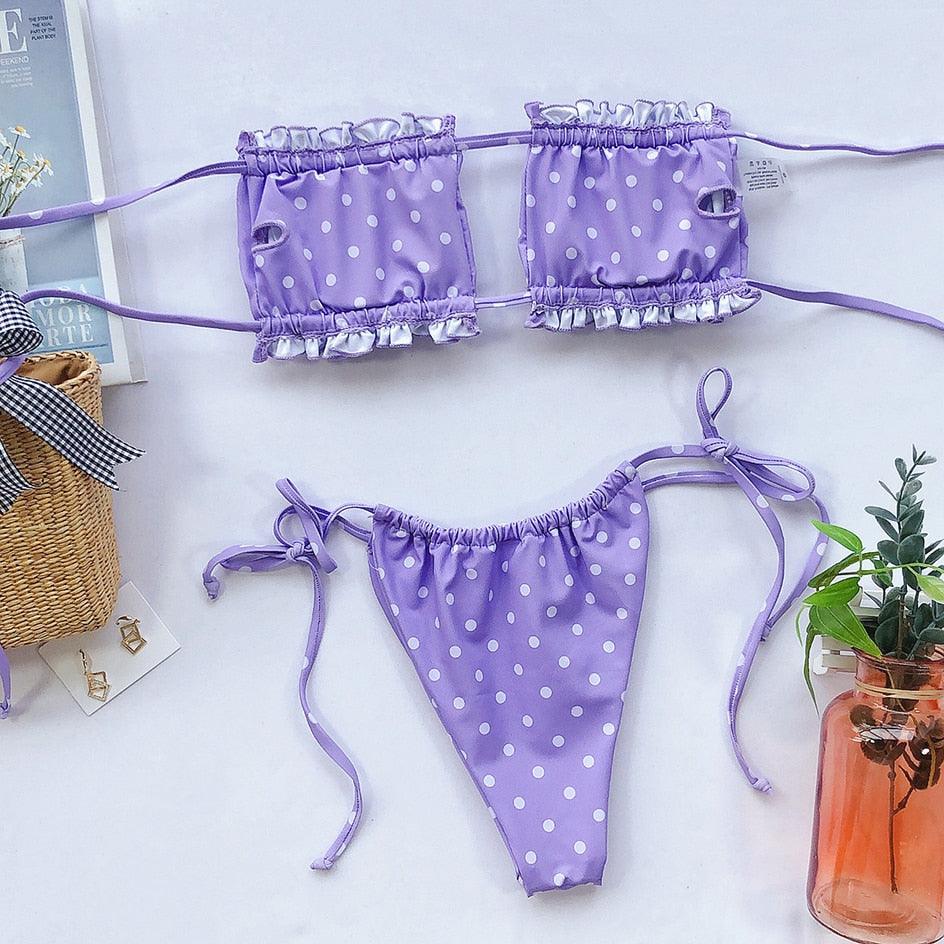 Bikini Pleated Swimsuit Female Swimwear Women's Ruffle Tie Side Bikini Set High Cut Strapless Padded Solid Bathing Suit Women Mini Thong Bikini Set Bather Swimming Beachwear For Bathing Suit