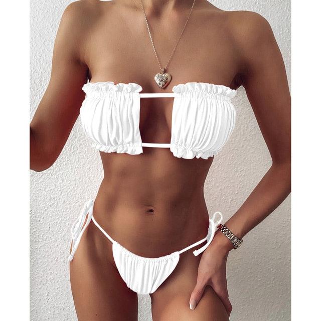 Bikini Pleated Swimsuit Female Swimwear Women's Ruffle Tie Side Bikini Set High Cut Strapless Padded Solid Bathing Suit Women Mini Thong Bikini Set Bather Swimming Beachwear For Bathing Suit