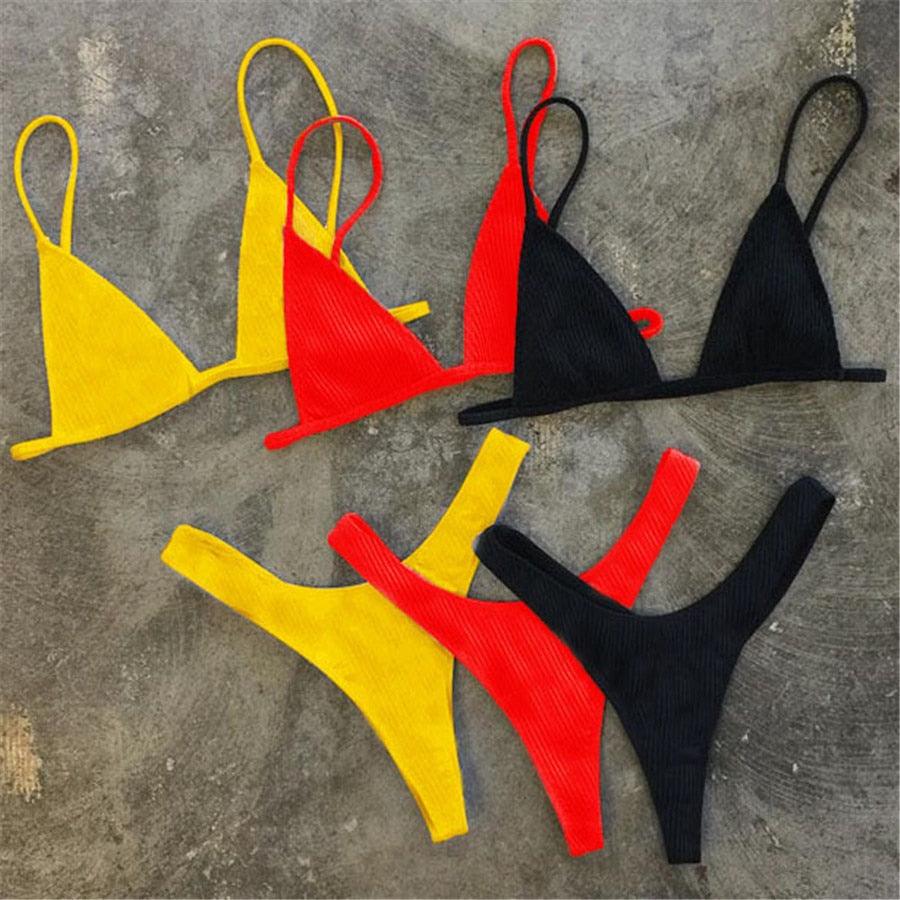 Bikini Set Swimsuit Small Cup High Cut Style Beach Solid Black White Micro Swimwear Thong Bikinis Women's Micro String Bikini Swimsuits Padded High Cut Bathing Suits