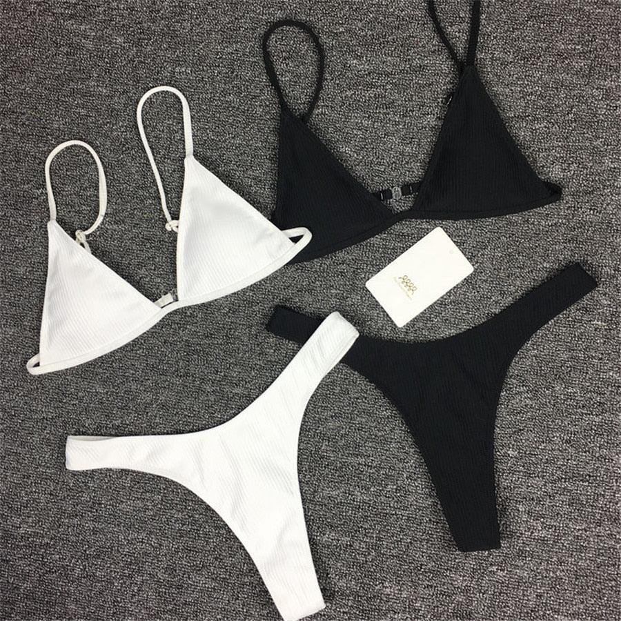 Bikini Set Swimsuit Small Cup High Cut Style Beach Solid Black White Micro Swimwear Thong Bikinis Women's Micro String Bikini Swimsuits Padded High Cut Bathing Suits