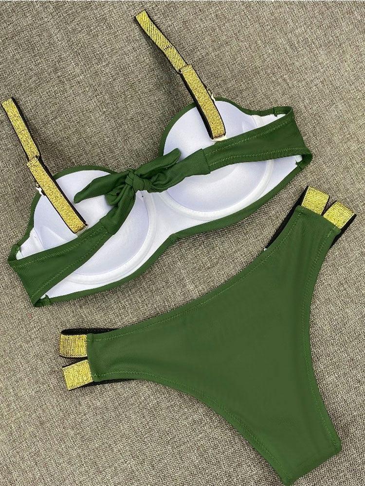 Bikini Sets Solid Color Swimsuit Mid-Waist Gather Cup Bikinis Women Swimwear Female Bathing Suits Beach wear Two Piece Swimsuits Triangle Bikini swimsuits for Women