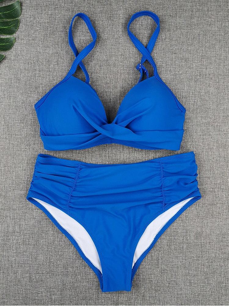 Bikini Sets Solid Color Swimsuit Mid-Waist Gather Cup Bikinis Women Swimwear Female Bathing Suits Beach wear Two Piece Swimsuits Triangle Bikini swimsuits for Women