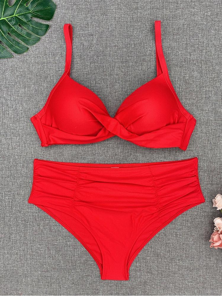 Bikini Sets Solid Color Swimsuit Mid-Waist Gather Cup Bikinis Women Swimwear Female Bathing Suits Beach wear Two Piece Swimsuits Triangle Bikini swimsuits for Women