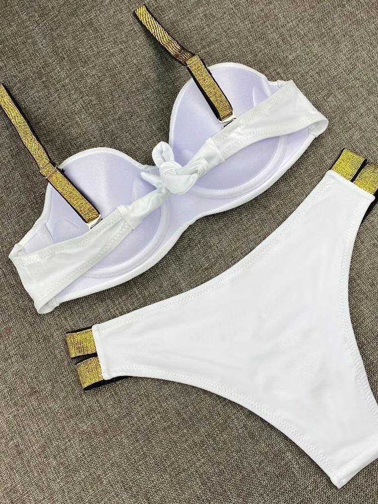 Bikini Sets Solid Color Swimsuit Mid-Waist Gather Cup Bikinis Women Swimwear Female Bathing Suits Beach wear Two Piece Swimsuits Triangle Bikini swimsuits for Women