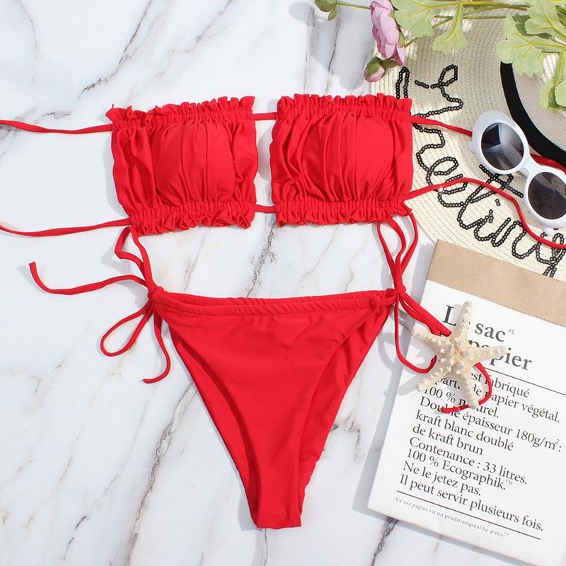 Bikini Women Swimsuit Female Low Waist Swimwear Women Beach Mini Thong Bikini Set Bathing Suit Women Thong Swimsuits Strapless 2 Piece Bikini String Tie Ruffle Brazilian Bathing Suit