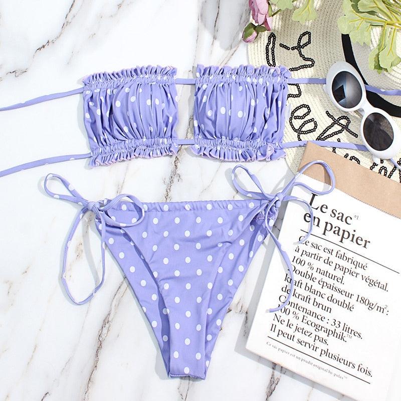 Bikini Women Swimsuit Female Low Waist Swimwear Women Beach Mini Thong Bikini Set Bathing Suit Women Thong Swimsuits Strapless 2 Piece Bikini String Tie Ruffle Brazilian Bathing Suit