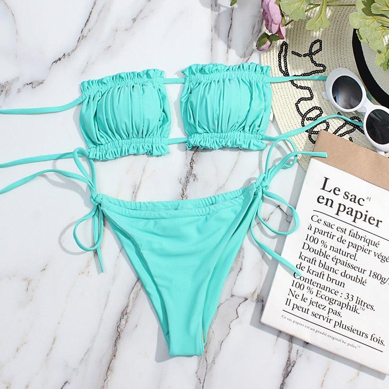 Bikini Women Swimsuit Female Low Waist Swimwear Women Beach Mini Thong Bikini Set Bathing Suit Women Thong Swimsuits Strapless 2 Piece Bikini String Tie Ruffle Brazilian Bathing Suit