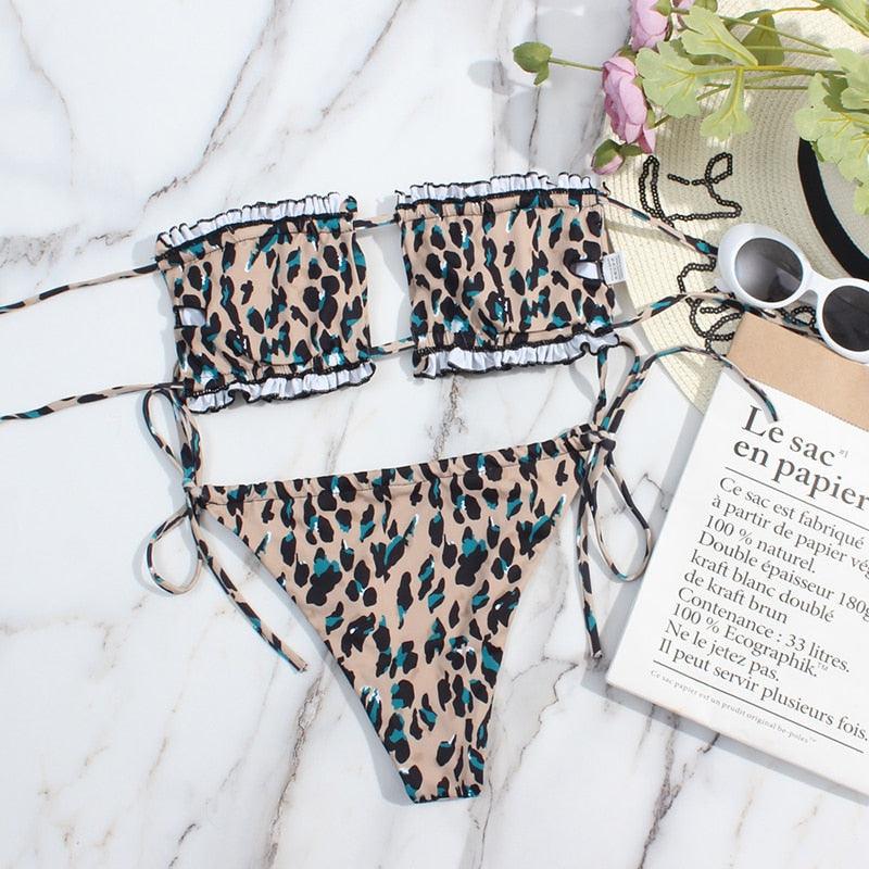 Bikini Women Swimsuit Female Low Waist Swimwear Women Beach Mini Thong Bikini Set Bathing Suit Women Thong Swimsuits Strapless 2 Piece Bikini String Tie Ruffle Brazilian Bathing Suit