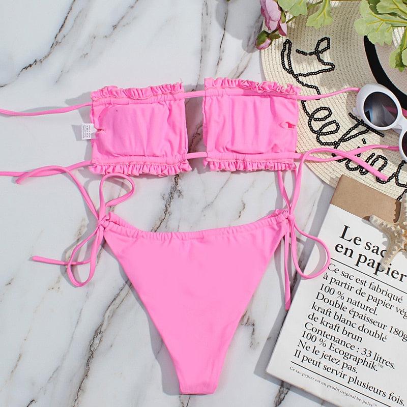 Bikini Women Swimsuit Female Low Waist Swimwear Women Beach Mini Thong Bikini Set Bathing Suit Women Thong Swimsuits Strapless 2 Piece Bikini String Tie Ruffle Brazilian Bathing Suit