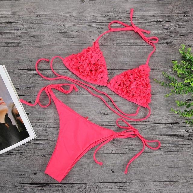 Bikinis New 3D Flower Swimwear Solid Bikini Bandage Swimsuit Women's Solid Halter Padded Push Up Bikini Set Two Pieces Swimsuit Swimwear Bathing Suit Bikini Set Female Cute Ladies Beachwear Push Up Bikini