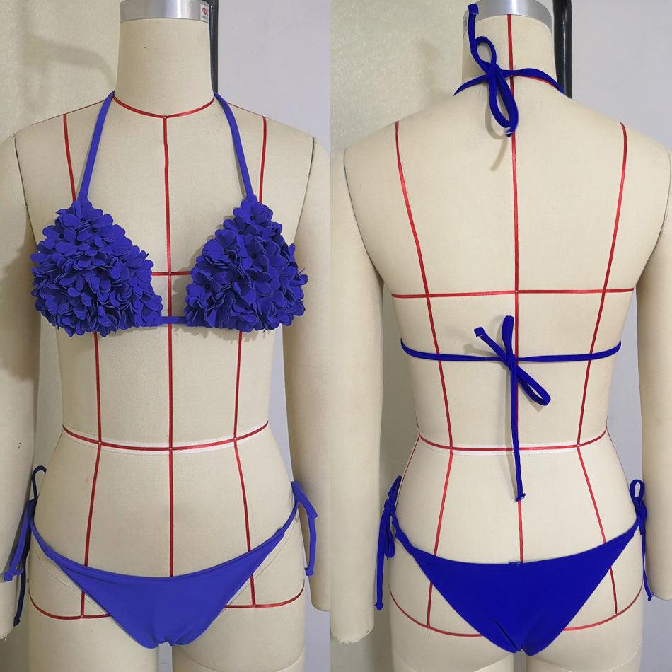 Bikinis New 3D Flower Swimwear Solid Bikini Bandage Swimsuit Women's Solid Halter Padded Push Up Bikini Set Two Pieces Swimsuit Swimwear Bathing Suit Bikini Set Female Cute Ladies Beachwear Push Up Bikini