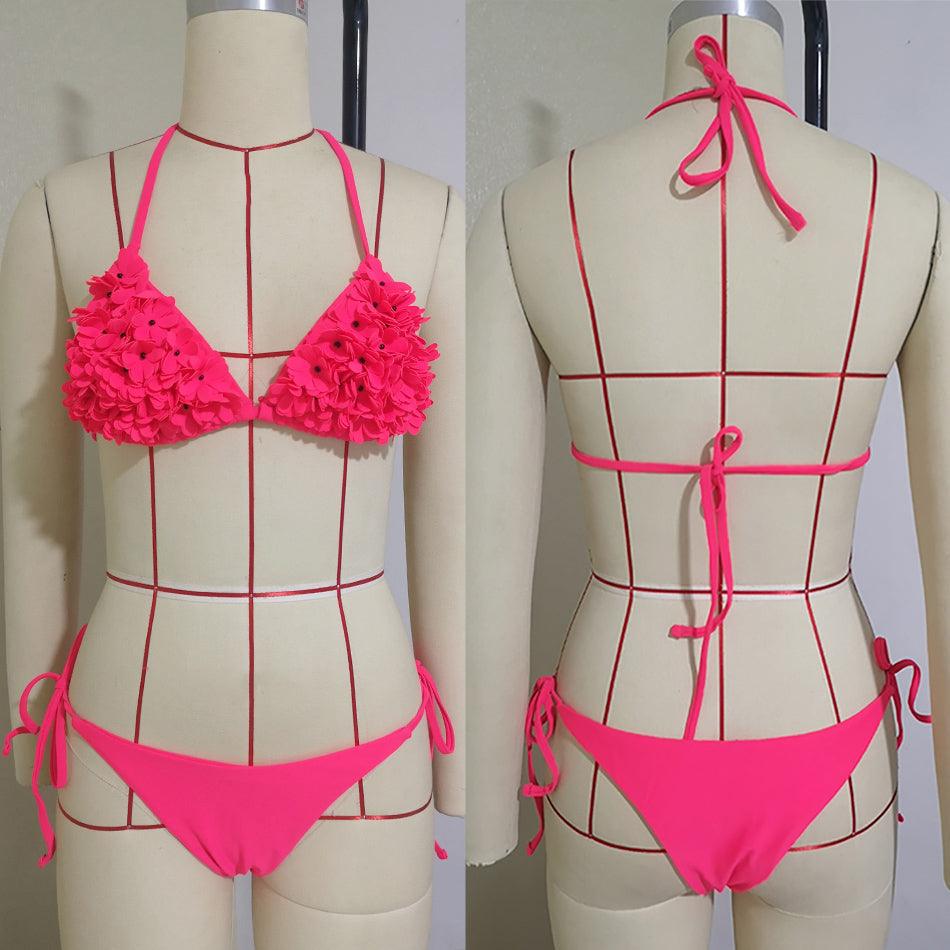 Bikinis New 3D Flower Swimwear Solid Bikini Bandage Swimsuit Women's Solid Halter Padded Push Up Bikini Set Two Pieces Swimsuit Swimwear Bathing Suit Bikini Set Female Cute Ladies Beachwear Push Up Bikini