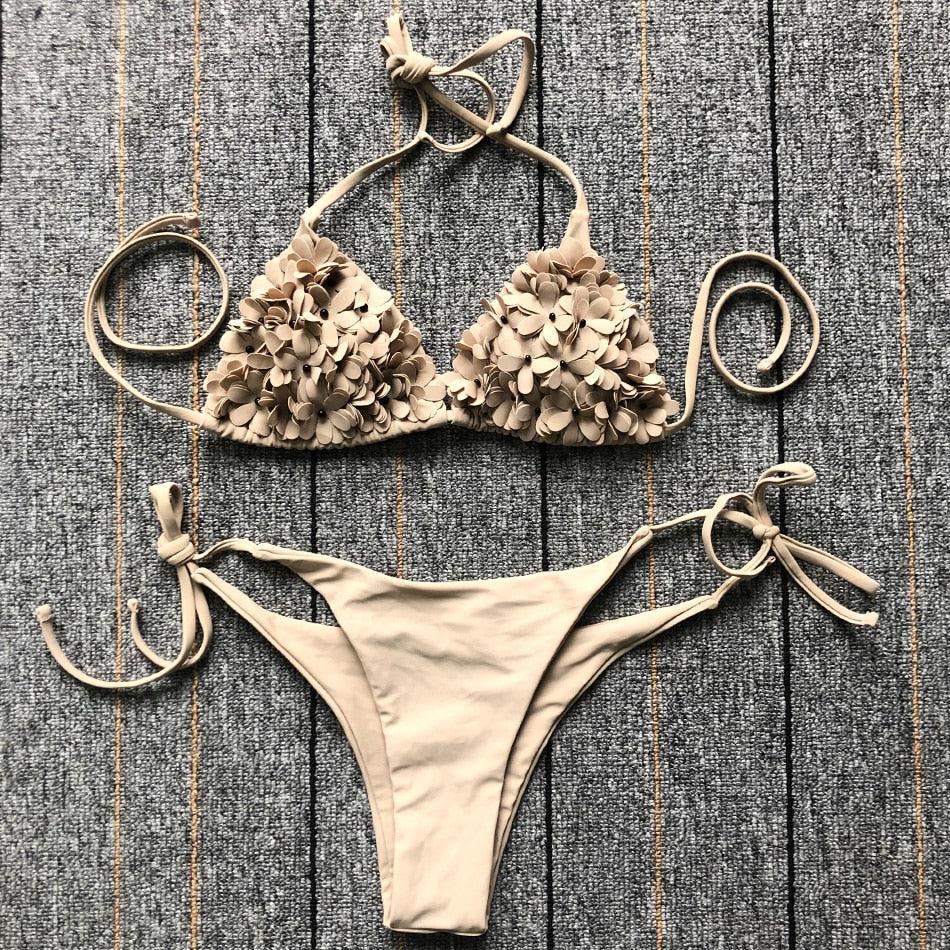 Bikinis New 3D Flower Swimwear Solid Bikini Bandage Swimsuit Women's Solid Halter Padded Push Up Bikini Set Two Pieces Swimsuit Swimwear Bathing Suit Bikini Set Female Cute Ladies Beachwear Push Up Bikini