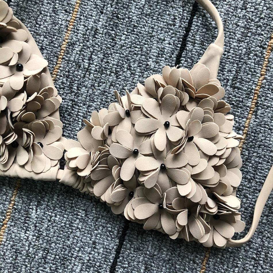 Bikinis New 3D Flower Swimwear Solid Bikini Bandage Swimsuit Women's Solid Halter Padded Push Up Bikini Set Two Pieces Swimsuit Swimwear Bathing Suit Bikini Set Female Cute Ladies Beachwear Push Up Bikini