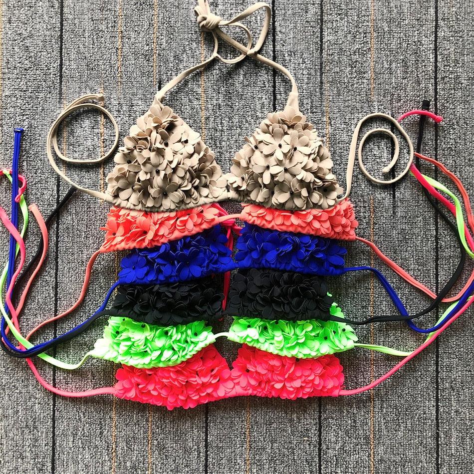 Bikinis New 3D Flower Swimwear Solid Bikini Bandage Swimsuit Women's Solid Halter Padded Push Up Bikini Set Two Pieces Swimsuit Swimwear Bathing Suit Bikini Set Female Cute Ladies Beachwear Push Up Bikini