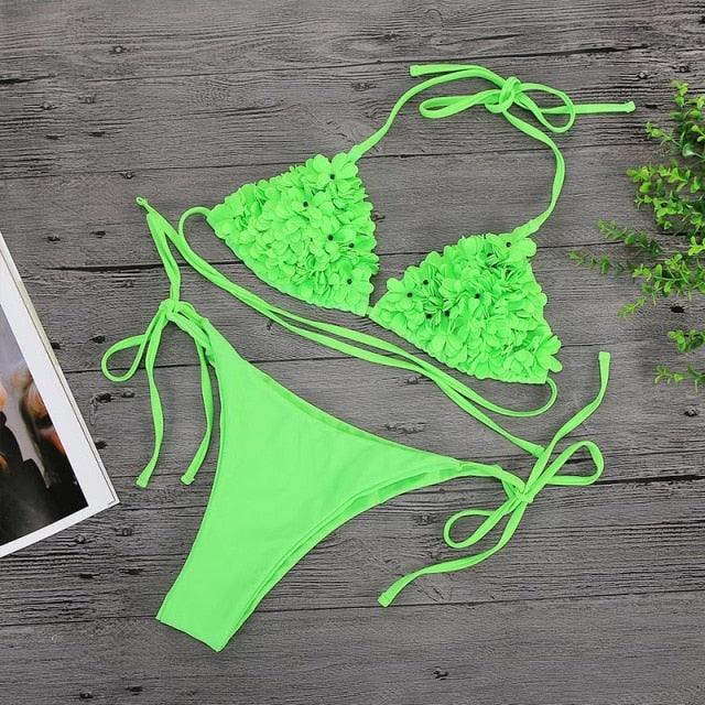 Bikinis New 3D Flower Swimwear Solid Bikini Bandage Swimsuit Women's Solid Halter Padded Push Up Bikini Set Two Pieces Swimsuit Swimwear Bathing Suit Bikini Set Female Cute Ladies Beachwear Push Up Bikini