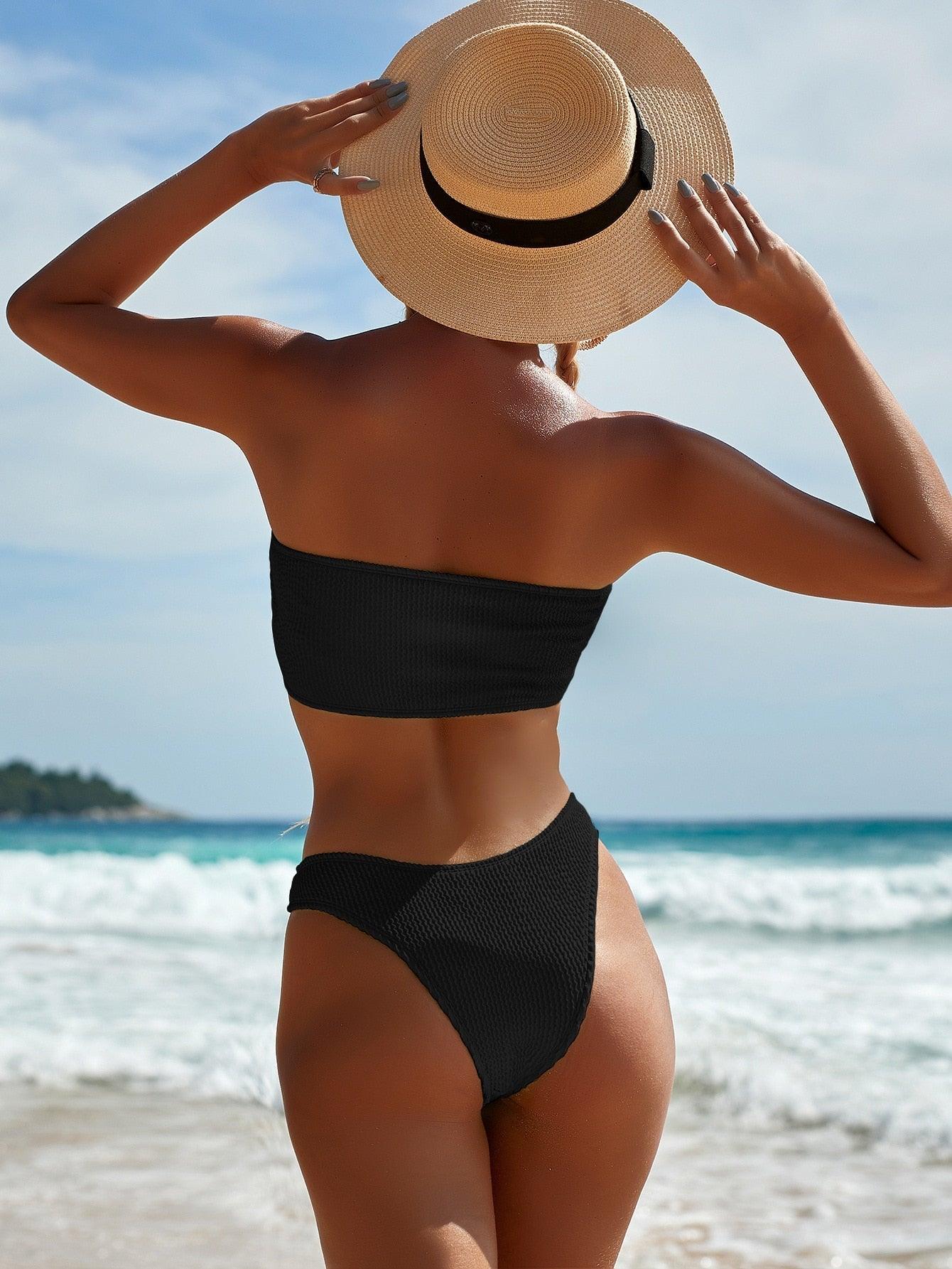Bikinis Swimsuit Women Push Up Bikini Set Female Swimwear Women's Strapless Solid Color 2 Pieces Bathing Suit Swimsuit Swimsuits Off Shoulder High Waist Bathing Suit High Cut Swimwear For Summer