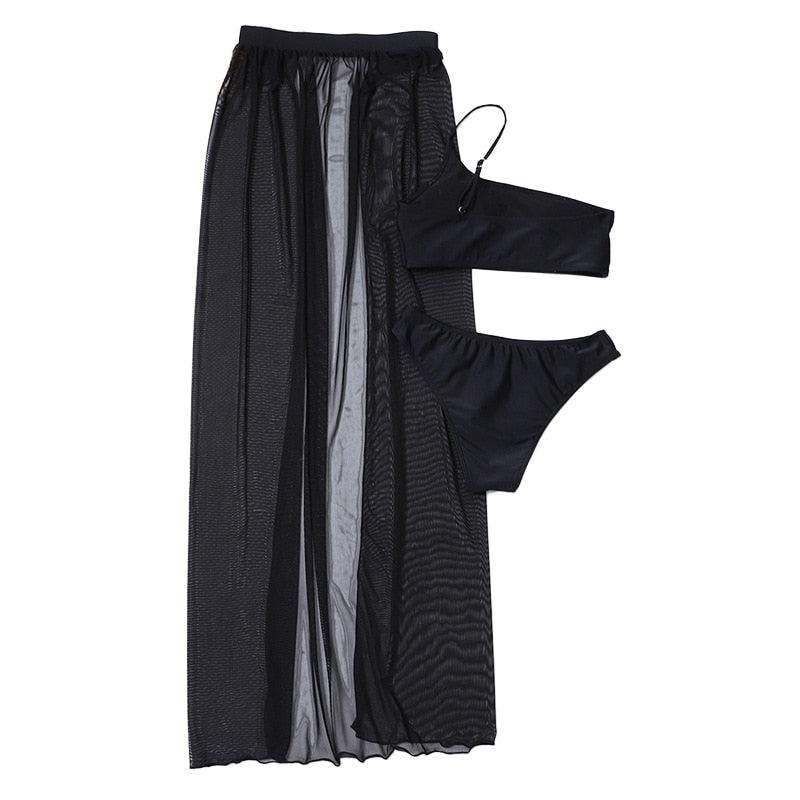Black Mesh Bikini Cover Up Set Women Bathing Outfits Adults Solid Color One Shoulder Bikini Top Mesh See Through Crochet Off Shoulder Crop Tops 2 Piece Bikini Swimsuit Cover-ups Beach Summer Outfits